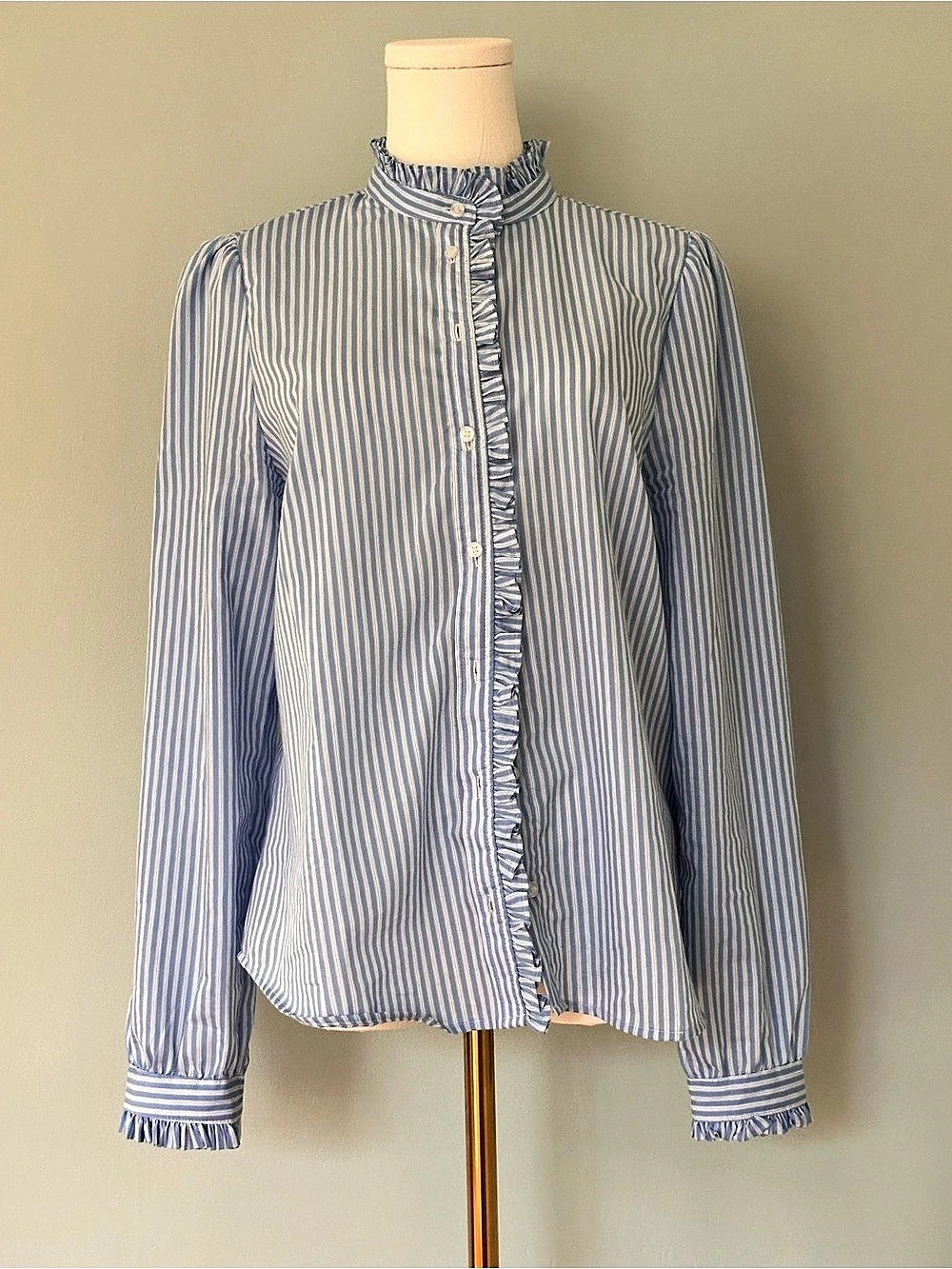 Blue & White Striped Ruffle Blouse